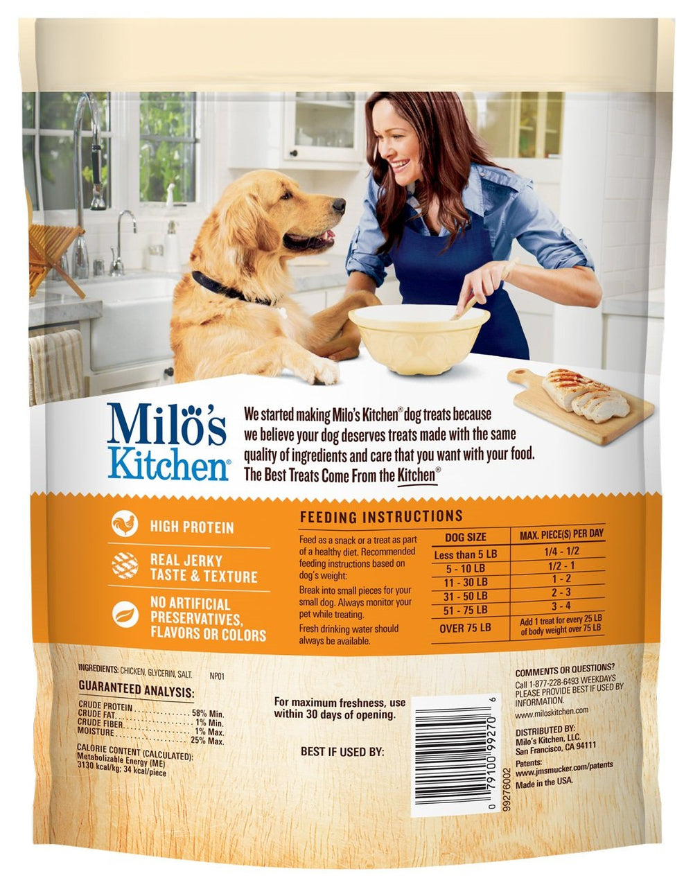 Milo's Kitchen Simply Chicken Jerky three-ingredient label close-up, simple wholesome snack.