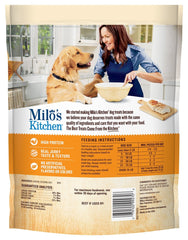 Milo's Kitchen Simply Chicken Jerky three-ingredient label close-up, simple wholesome snack.