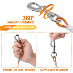 Mi Metty dog tie out cable 50ft span shown when stretched between posts for freedom.