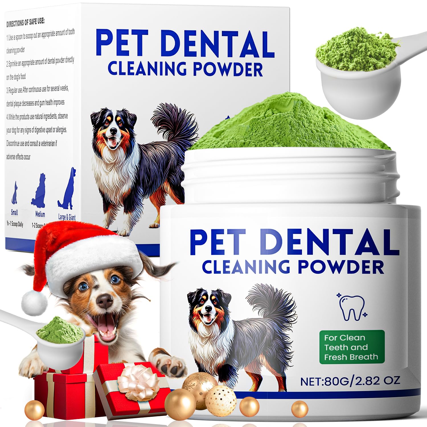 Mimo Style dog dental powder tub label highlights tartar-fighting formula for healthier teeth.