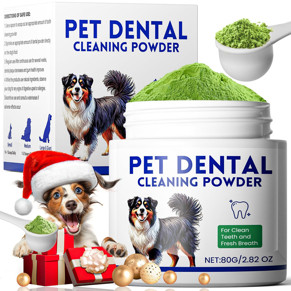 Mimo Style dog dental powder tub label highlights tartar-fighting formula for healthier teeth.