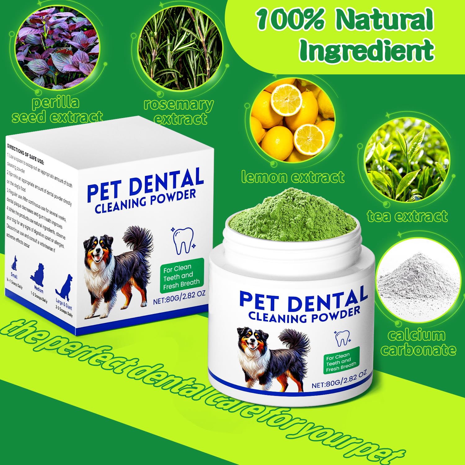 Mimo Style meat-flavored dog dental powder tub appeals to dogs during meals.