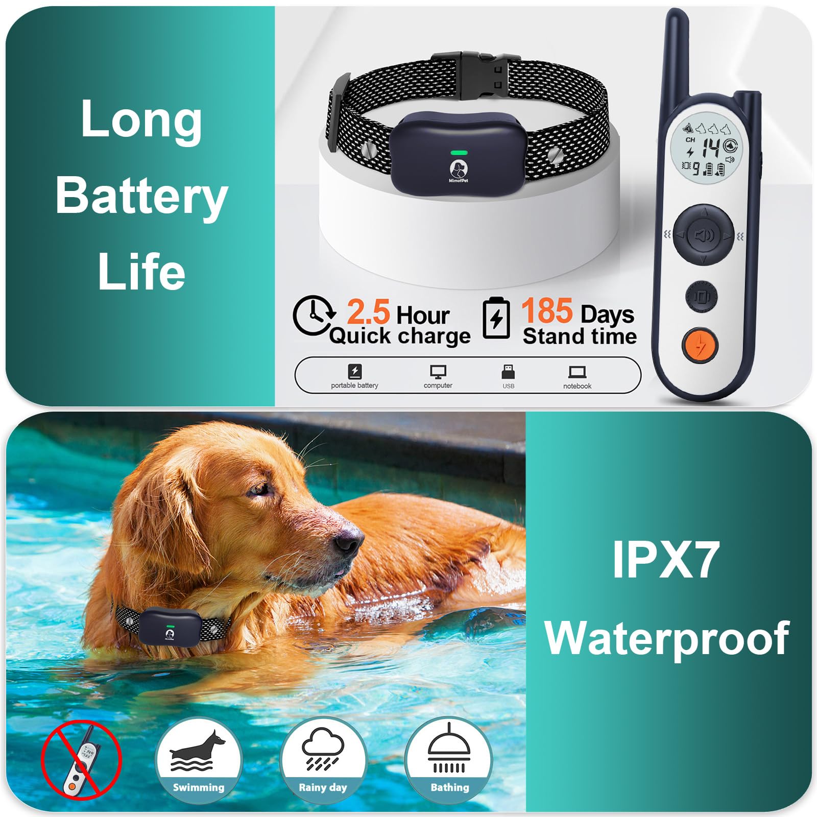MIMOFPET IPX7 waterproof collar supports training in all weather conditions.