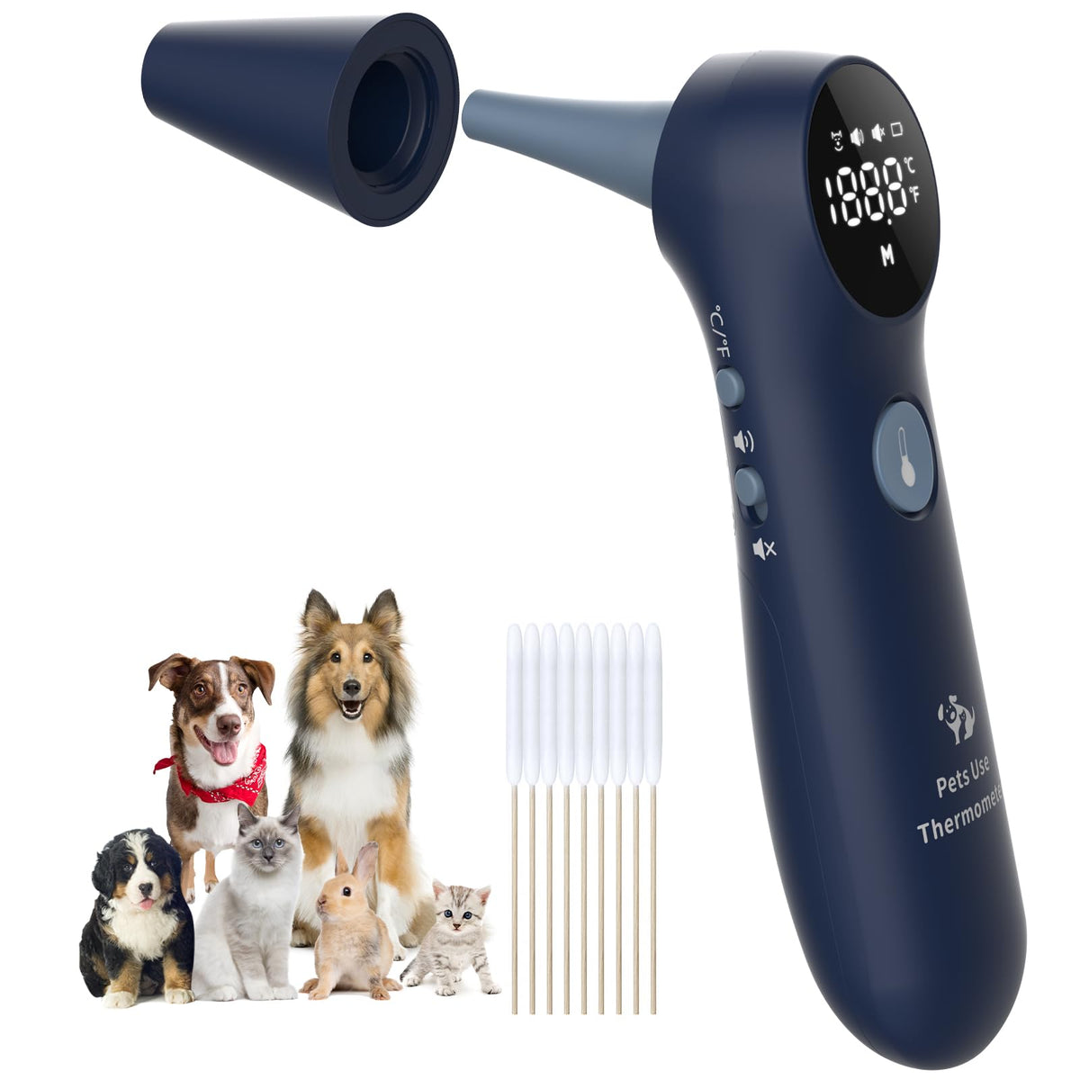 Mindpet-Med ear thermometer with long probe designed for deep ear canals.