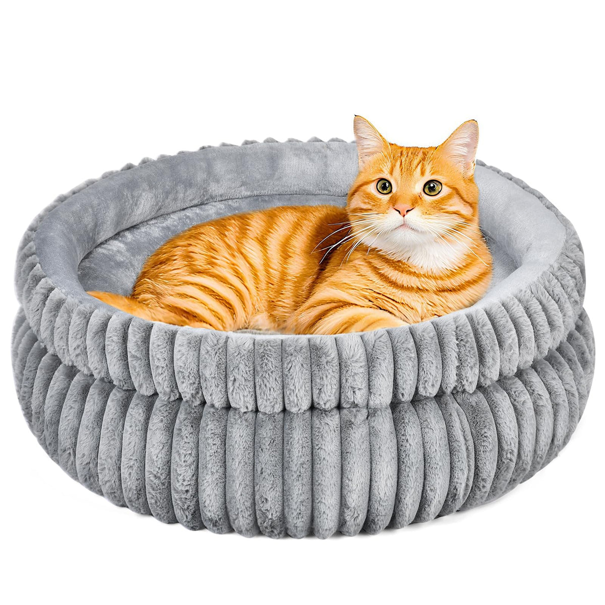 MINGT dual-layer donut cat bed in grey, front view showing plush comfort for restful naps.