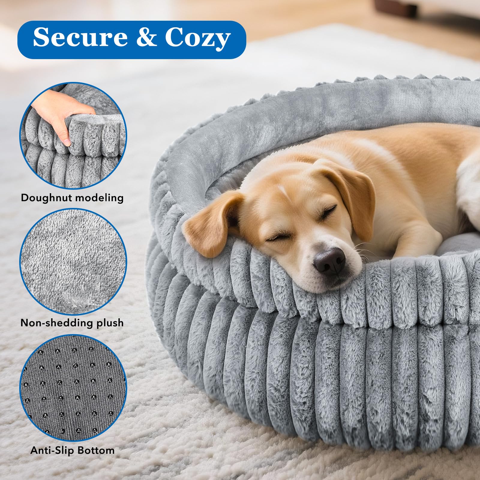 MINGT grey donut bed in washing scenario, machine washable for easy cleaning.