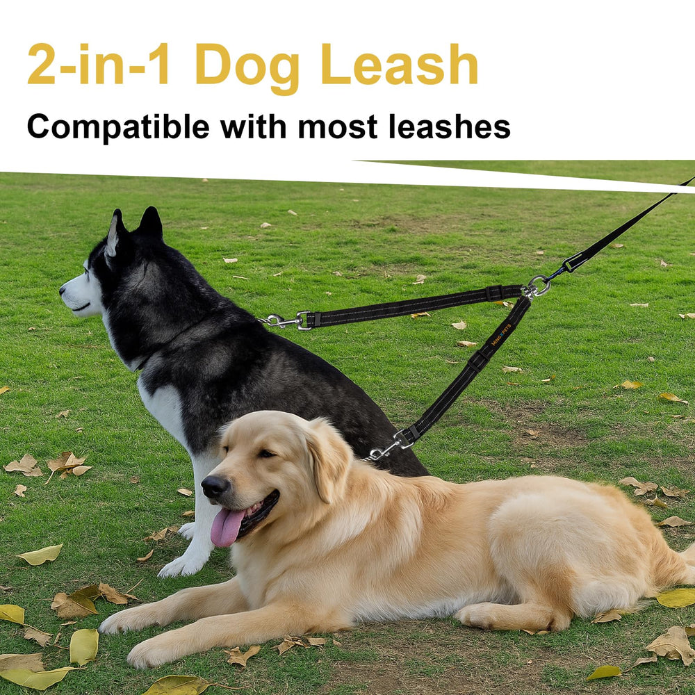 MingXpets adjustable-length dual dog leash supports custom fit for two dogs.