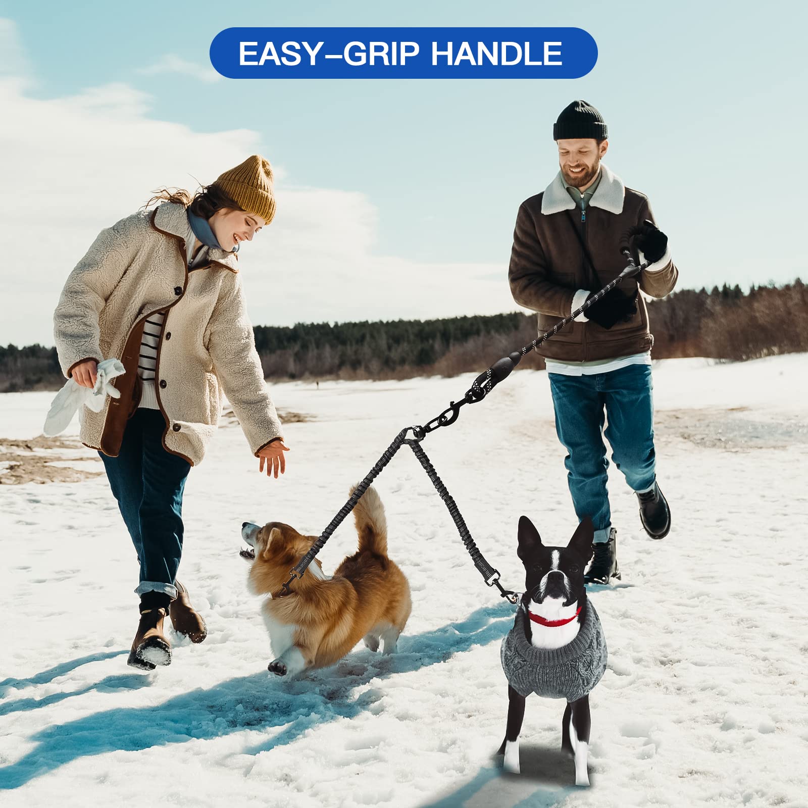 MingXpets black dual leash ideal for parks, sidewalks, and trails.
