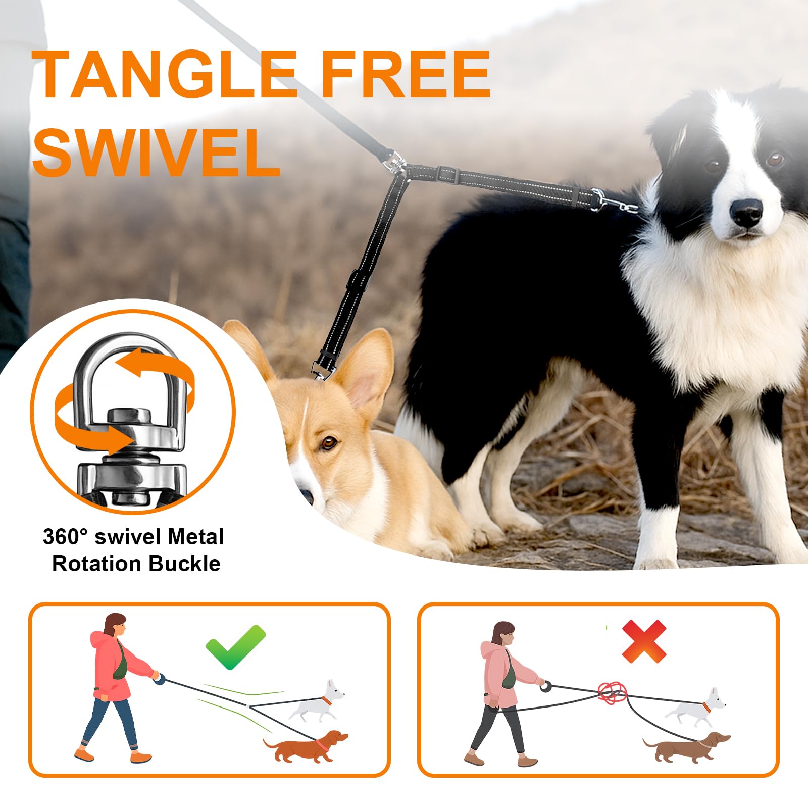 MingXpets double dog leash features reflective stitching for safer night walks.