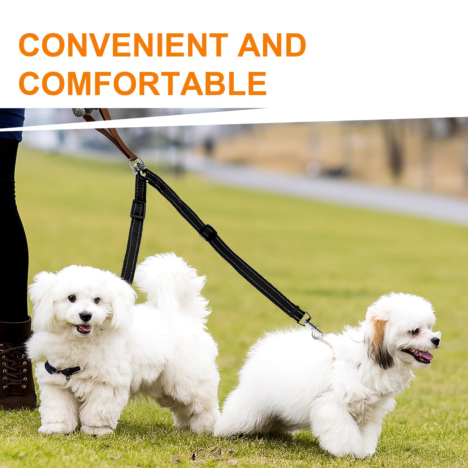 MingXpets double dog leash includes a shock- absorbing bungee to cushion tension.