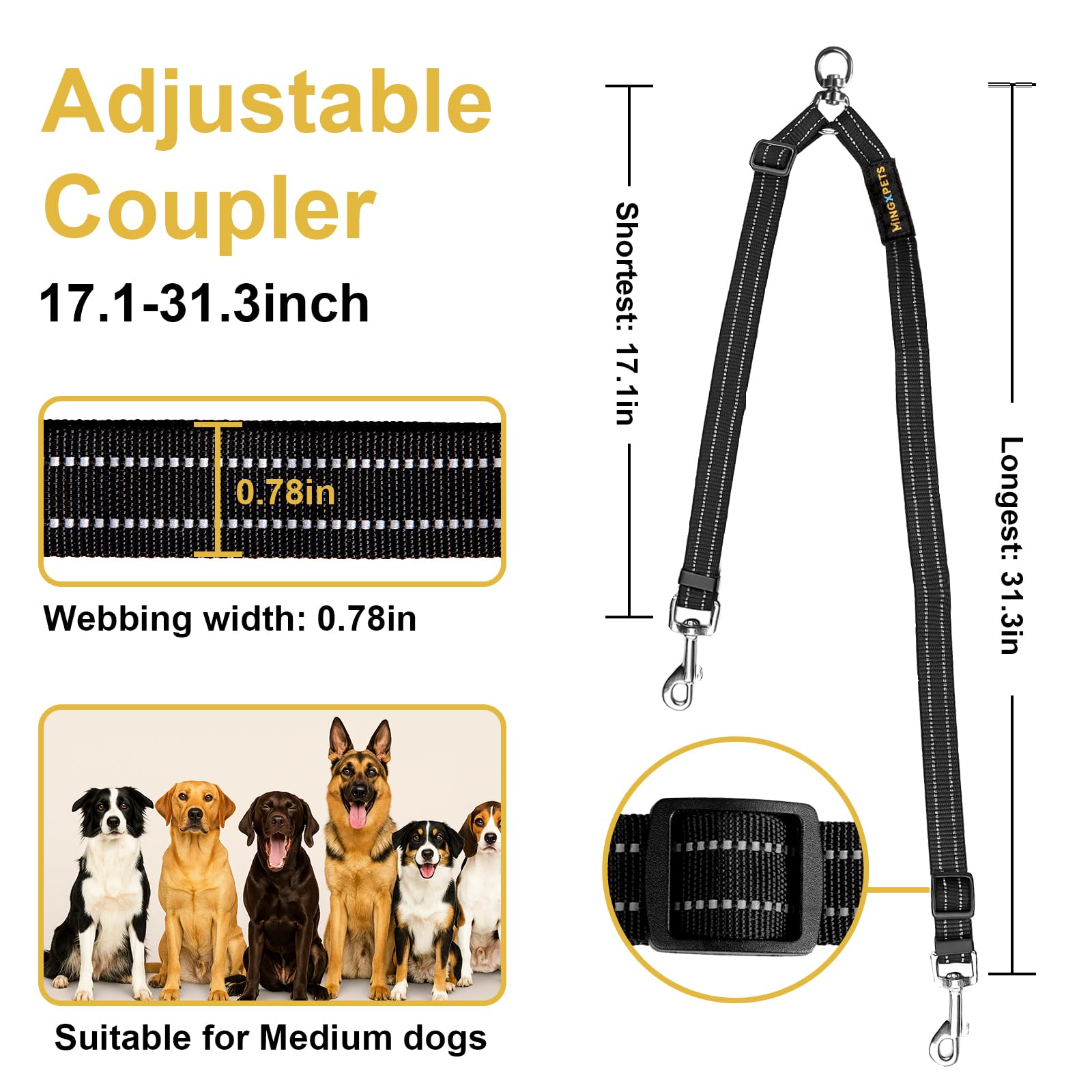 MingXpets two-dogs-walking image shows easy control with dual-leash design.