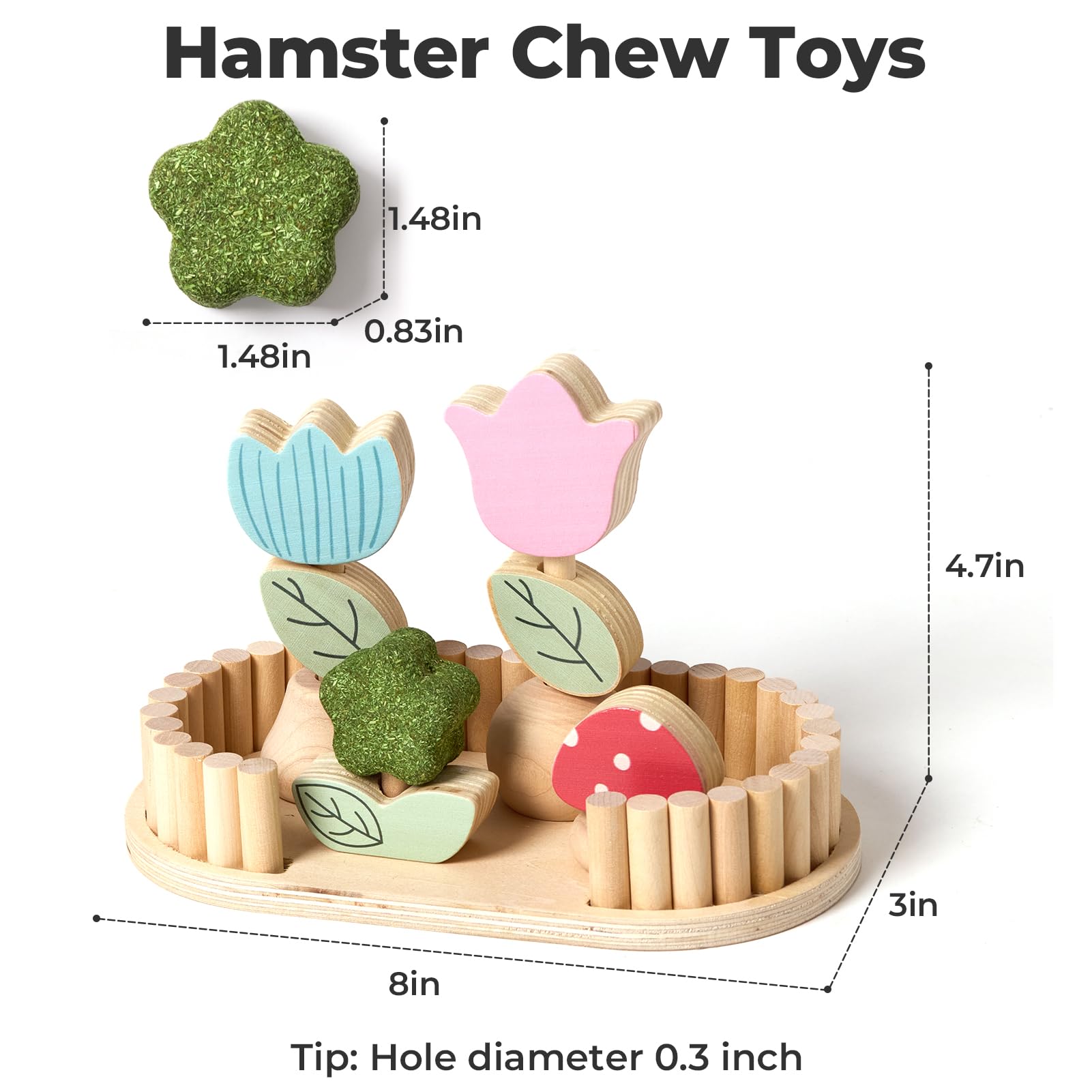 mini&moe hamster chew toy with removable flowers enhances cage décor and edible rewards.