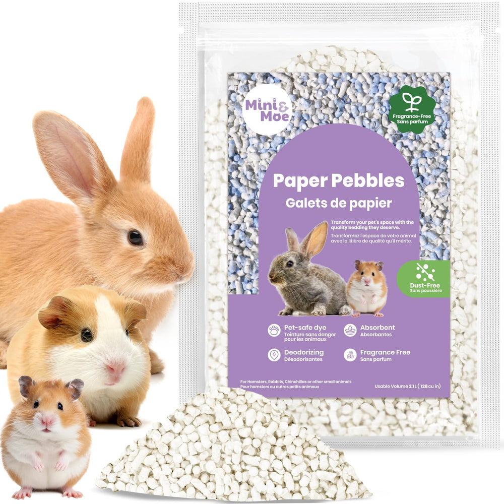 mini&moe rabbit litter bedding packaging shows virgin wood pulp and safe colorants for pets.