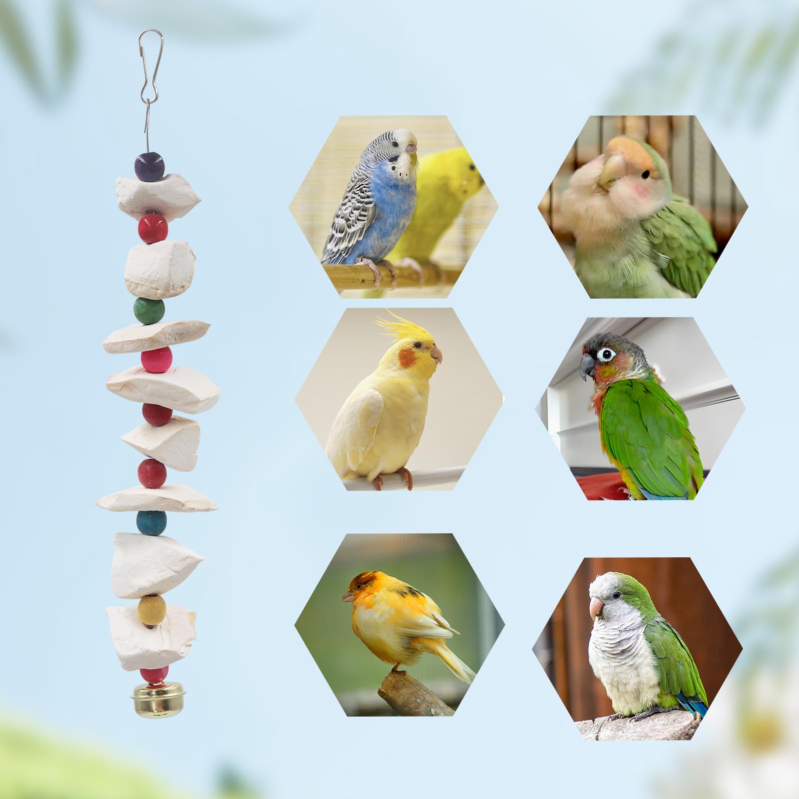 MinrzPet beak grinding stone provides beak maintenance during play.