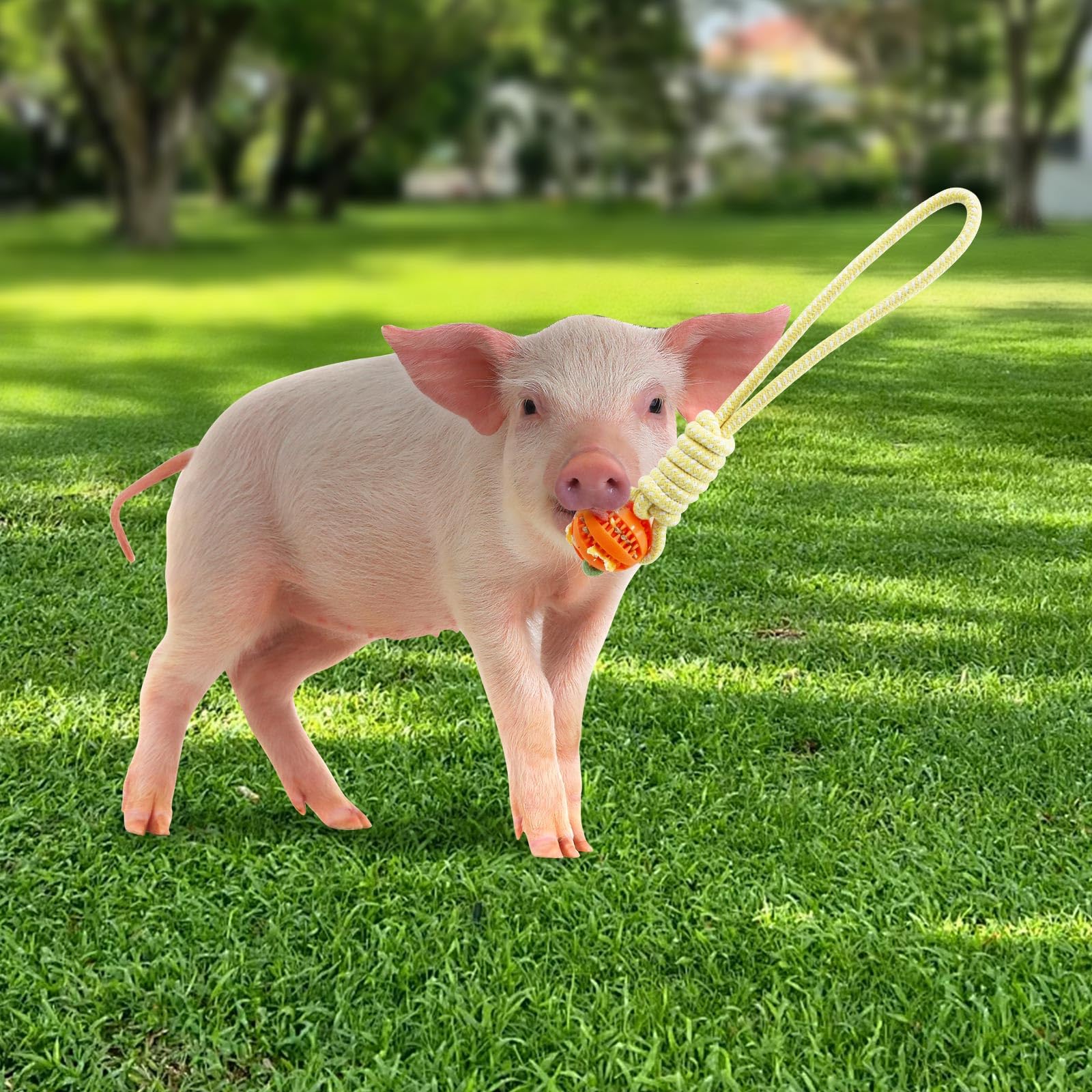 MinrzPet interactive pig toy with rope ball for tug and bonding.
