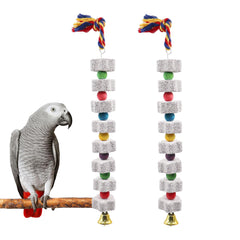 MinrzPet mineral block chew toy with colorful beads and bell promotes beak health and enrichment
