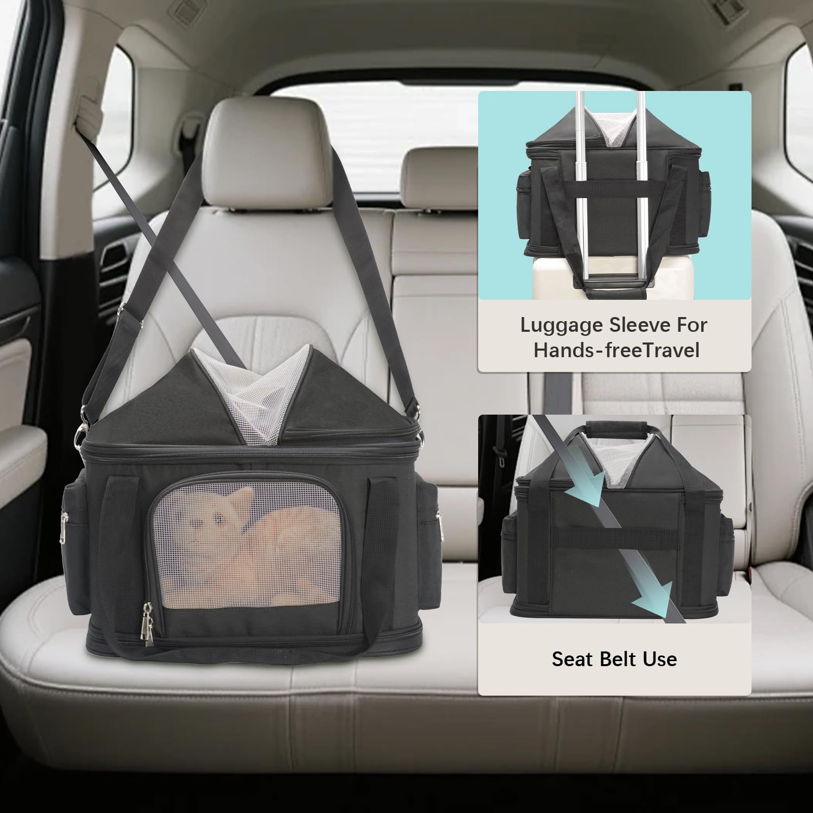 Minsong pet carrier shows pockets for convenient on-the-go storage