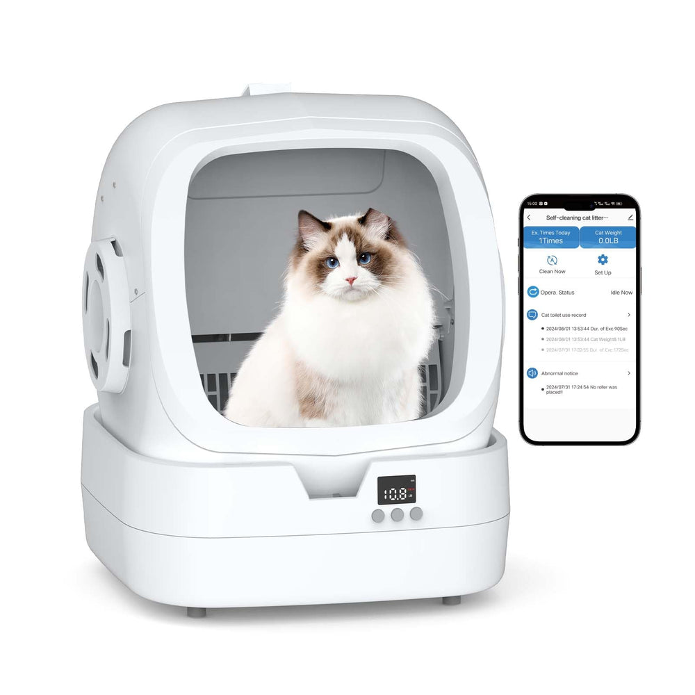 Mintakawa automatic cat litter box front view highlights quiet operation for serene homes