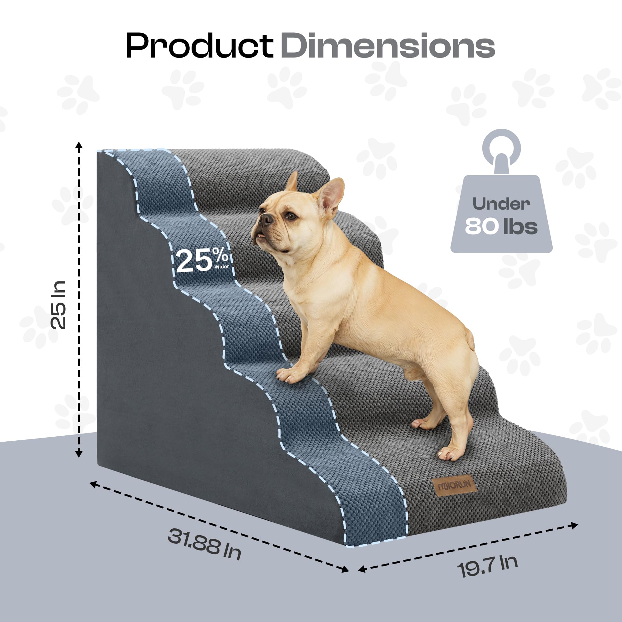 Miorun dog stairs beside bed for easy access.