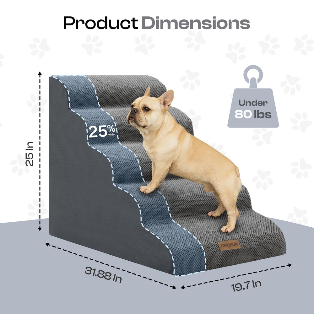 Miorun dog stairs beside bed for easy access.