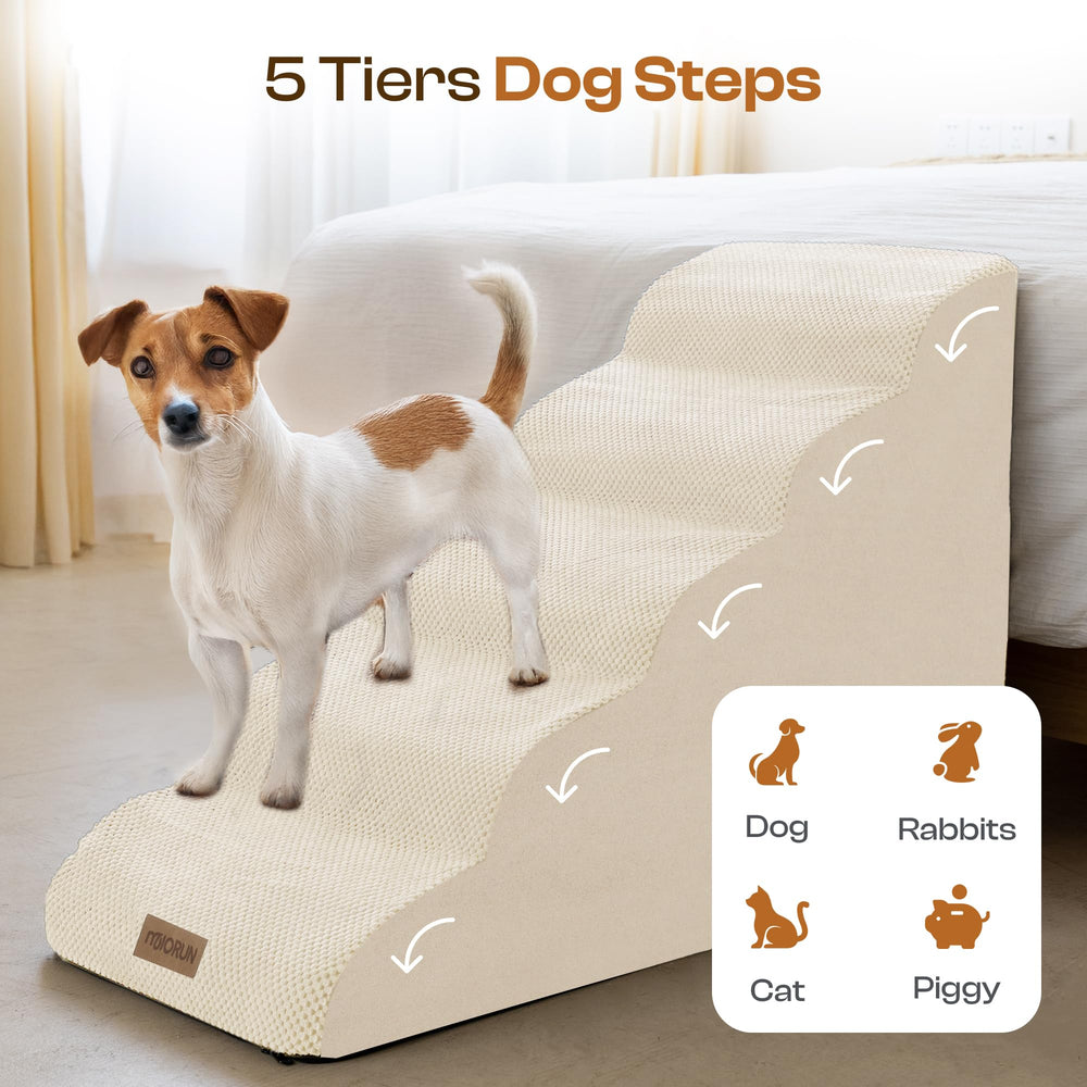 Miorun dog stairs puff-up guide demonstrates simple setup after unpacking.
