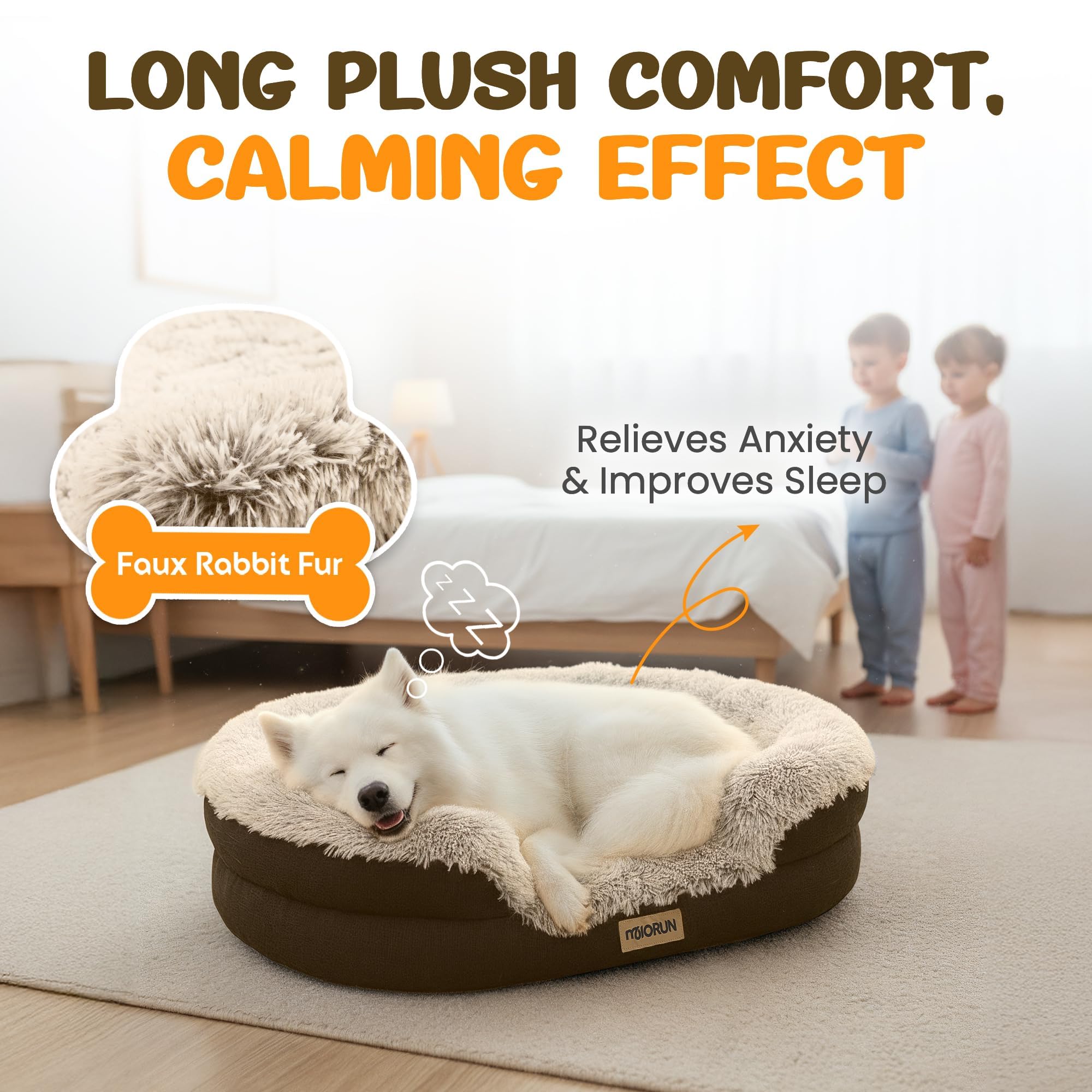 Miorun dog bed curved bolster provides wraparound neck support for curling sleepers