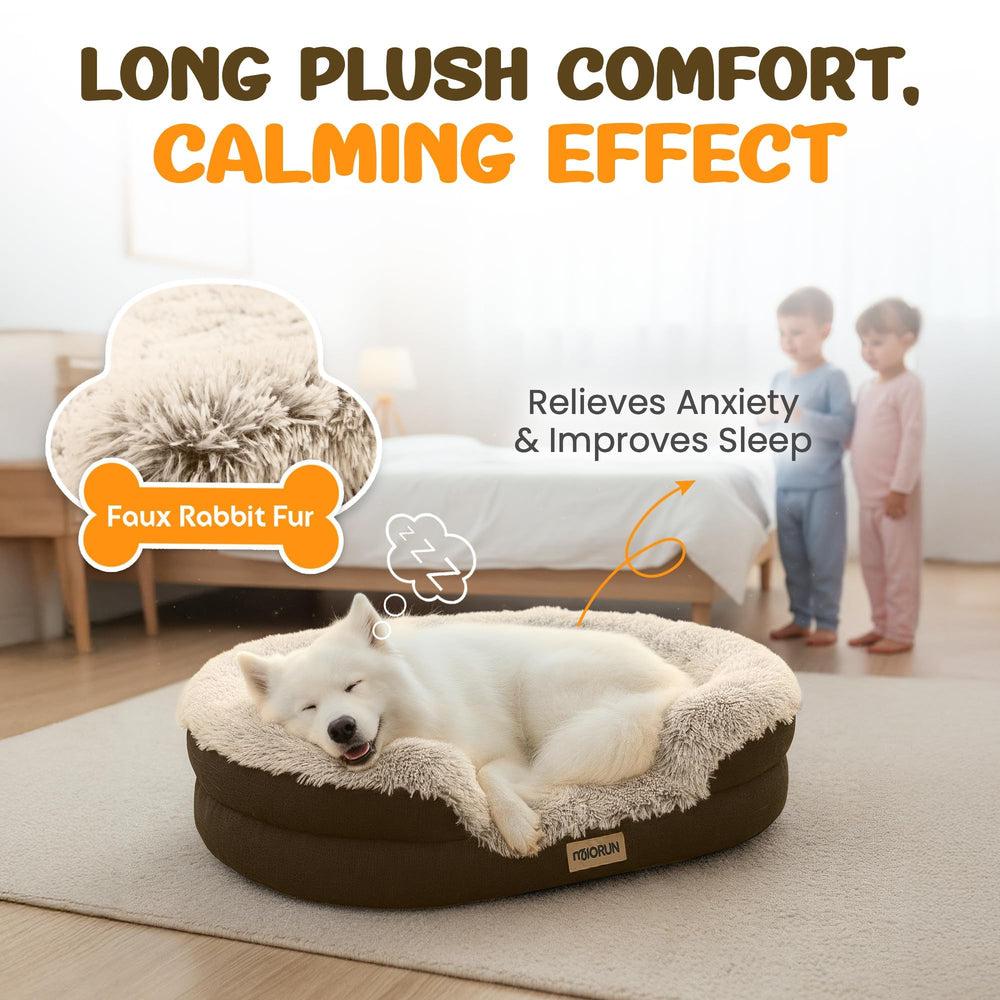 Miorun dog bed curved bolster provides wraparound neck support for curling sleepers