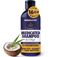 Miracle Vet medicated dog shampoo bottle promoting itchy skin relief