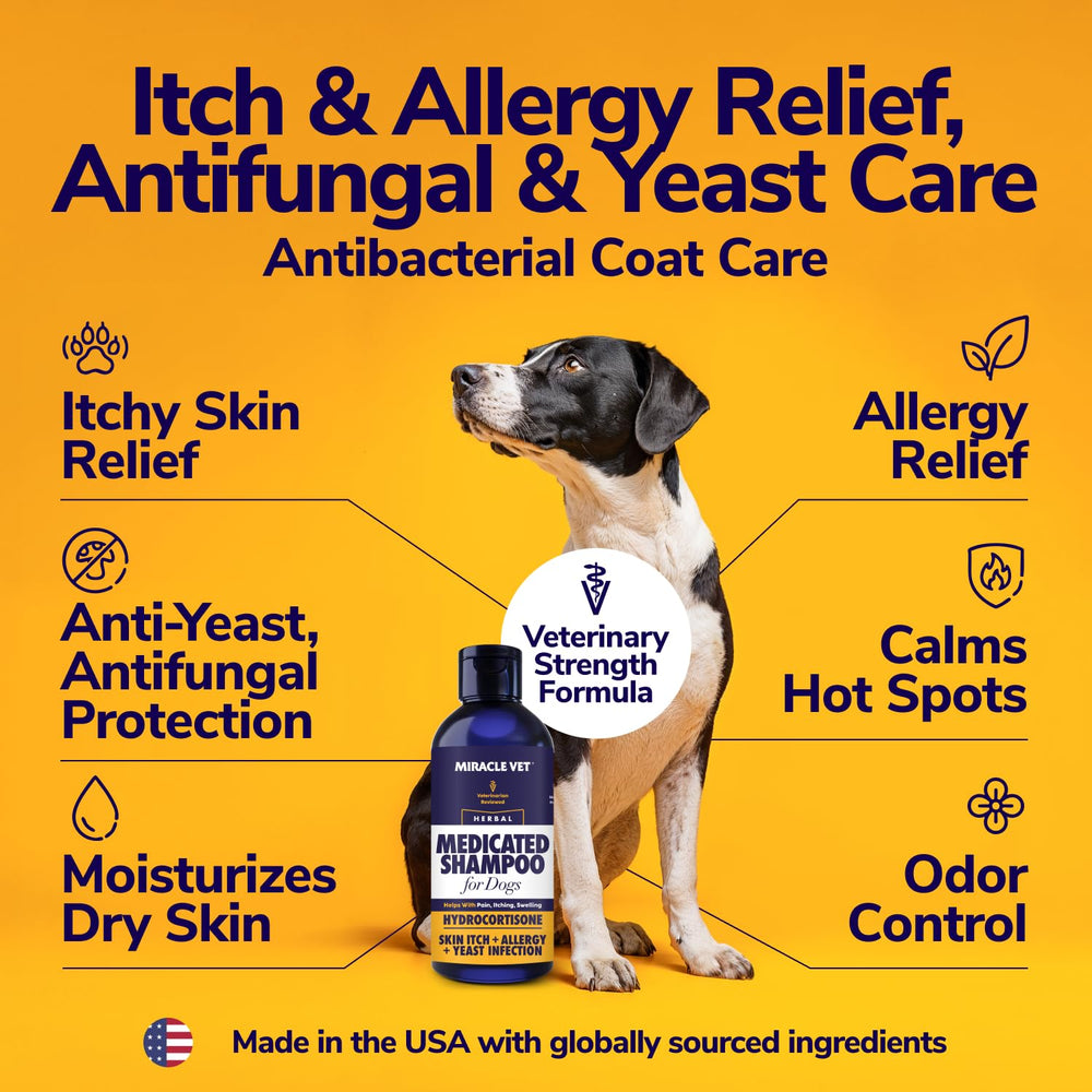 Miracle Vet shampoo bottle pouring to create a foamy lather for soothing care