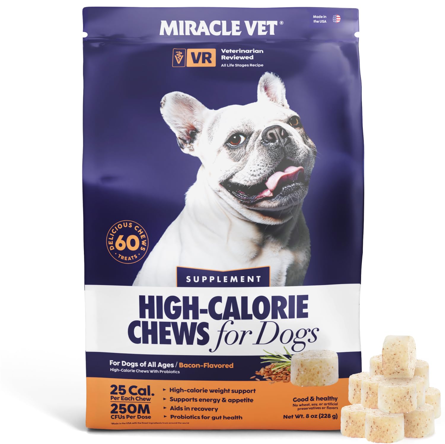 Miracle Vet weight gainer packaging highlights high-calorie formula for energy support.