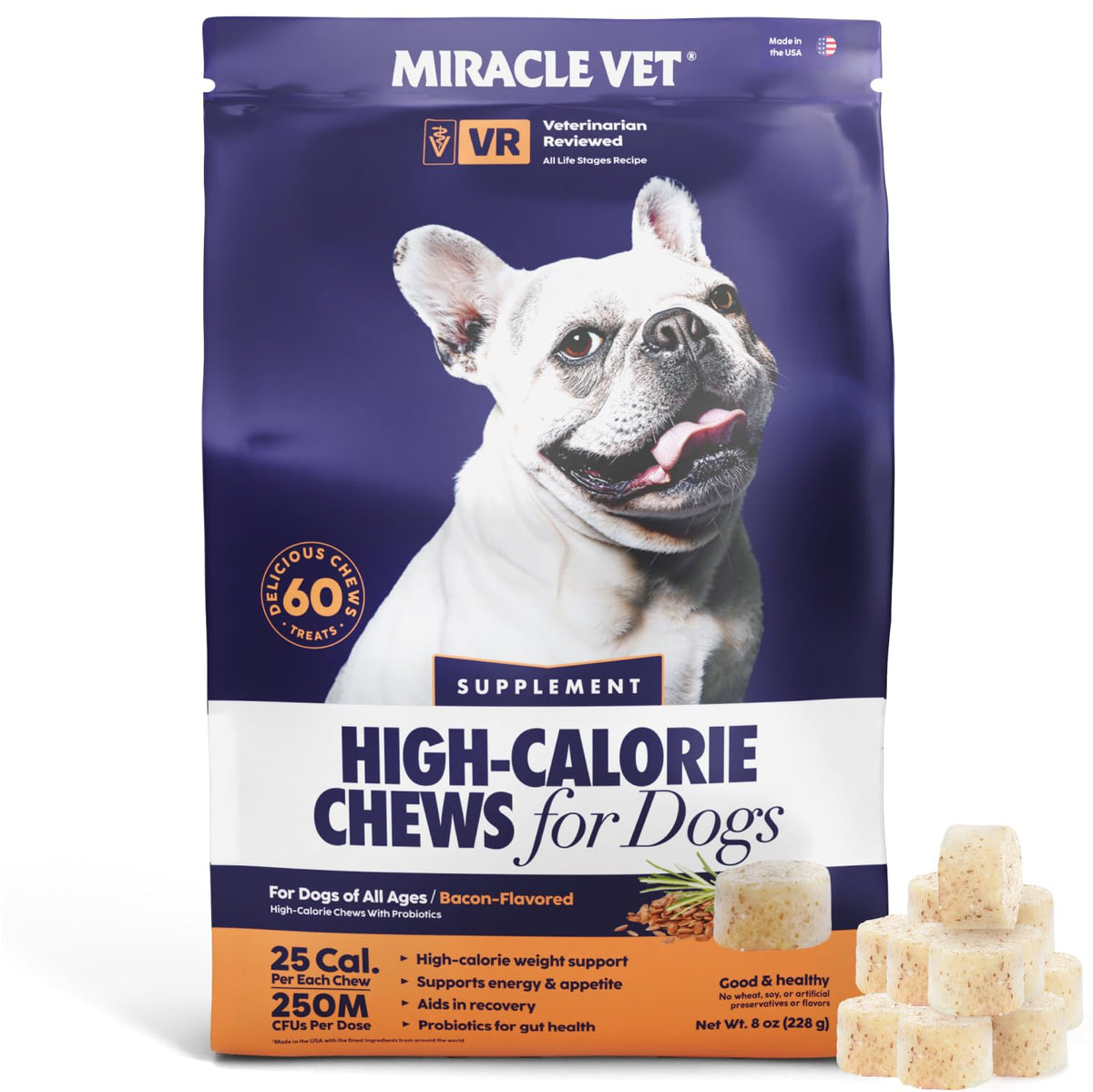 Miracle Vet weight gainer packaging highlights high-calorie formula for energy support.