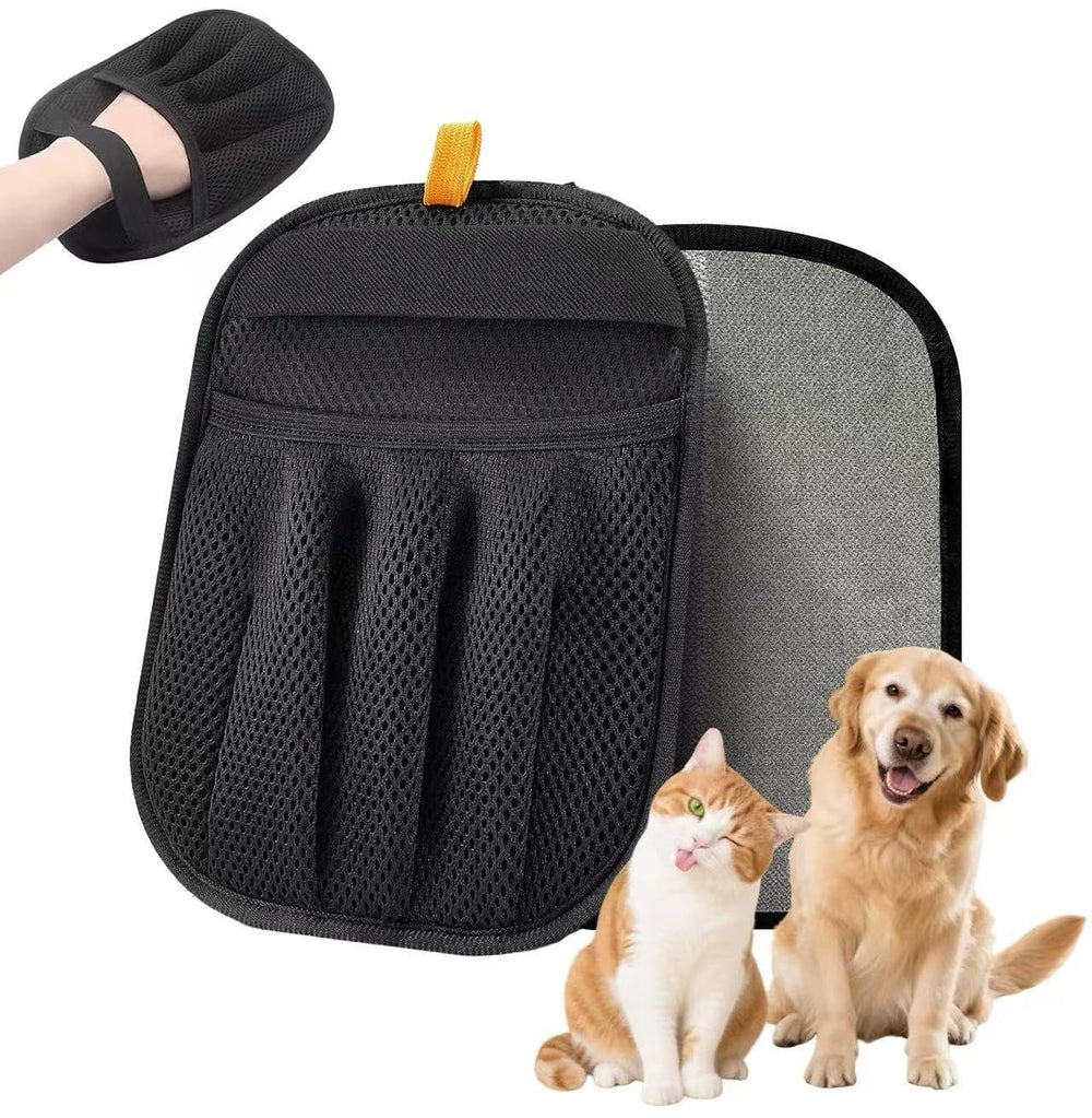 Mirkir pet hair removal glove in use on hand lifting fur from clothing.
