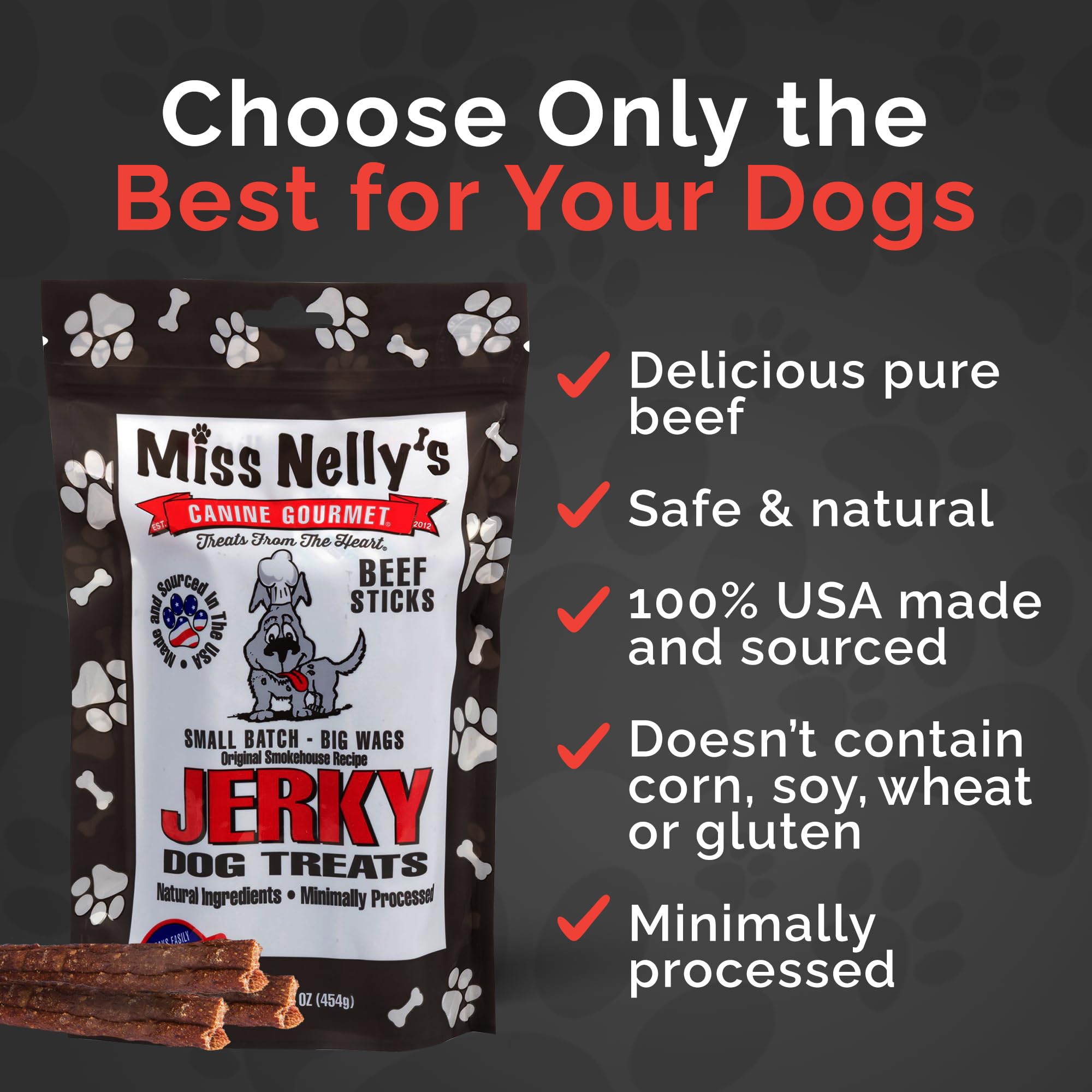 Miss Nelly's beef jerky dog treats bag shows slow-smoked flavor ideal for flavorful daily snacks.