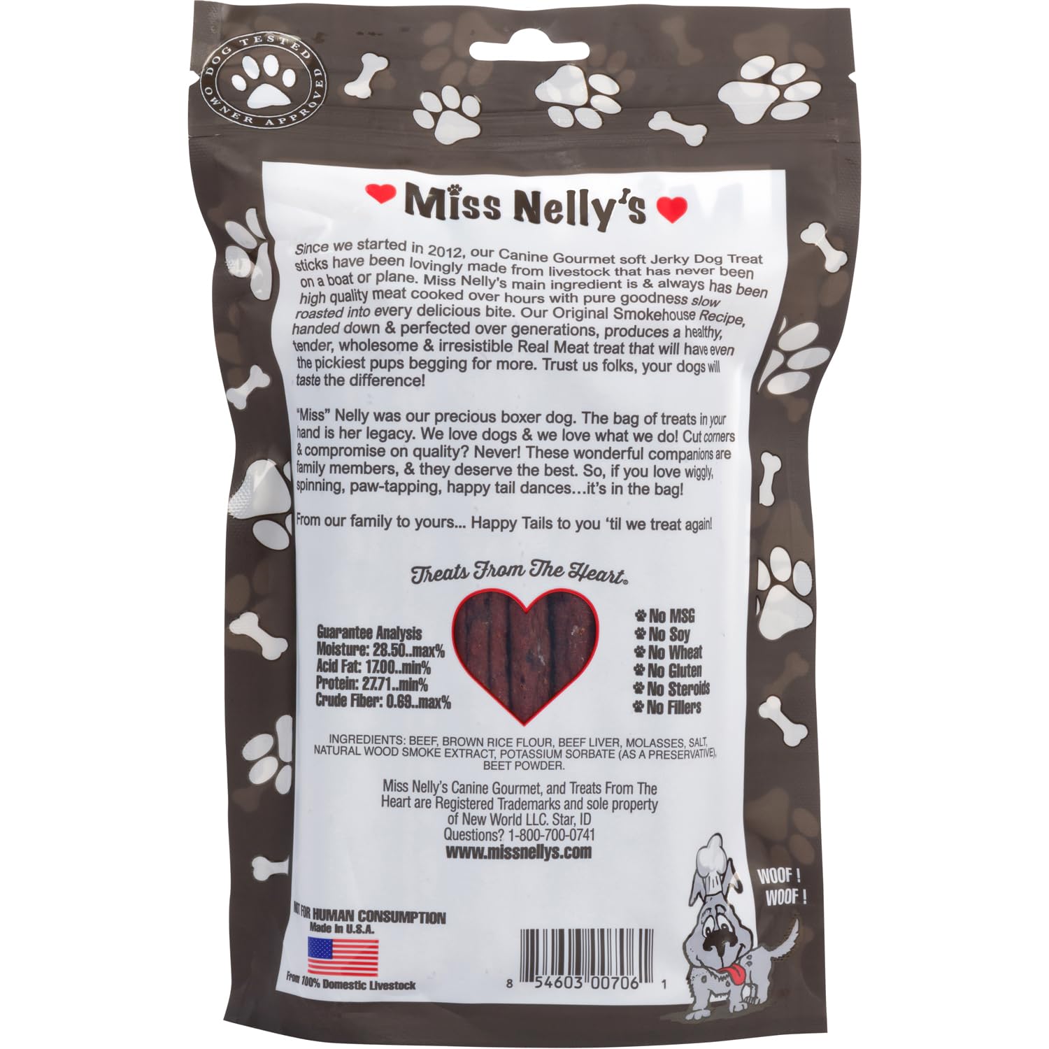 Miss Nelly's beef jerky dog treats close-up texture showing tender, smoky bite for rewards.