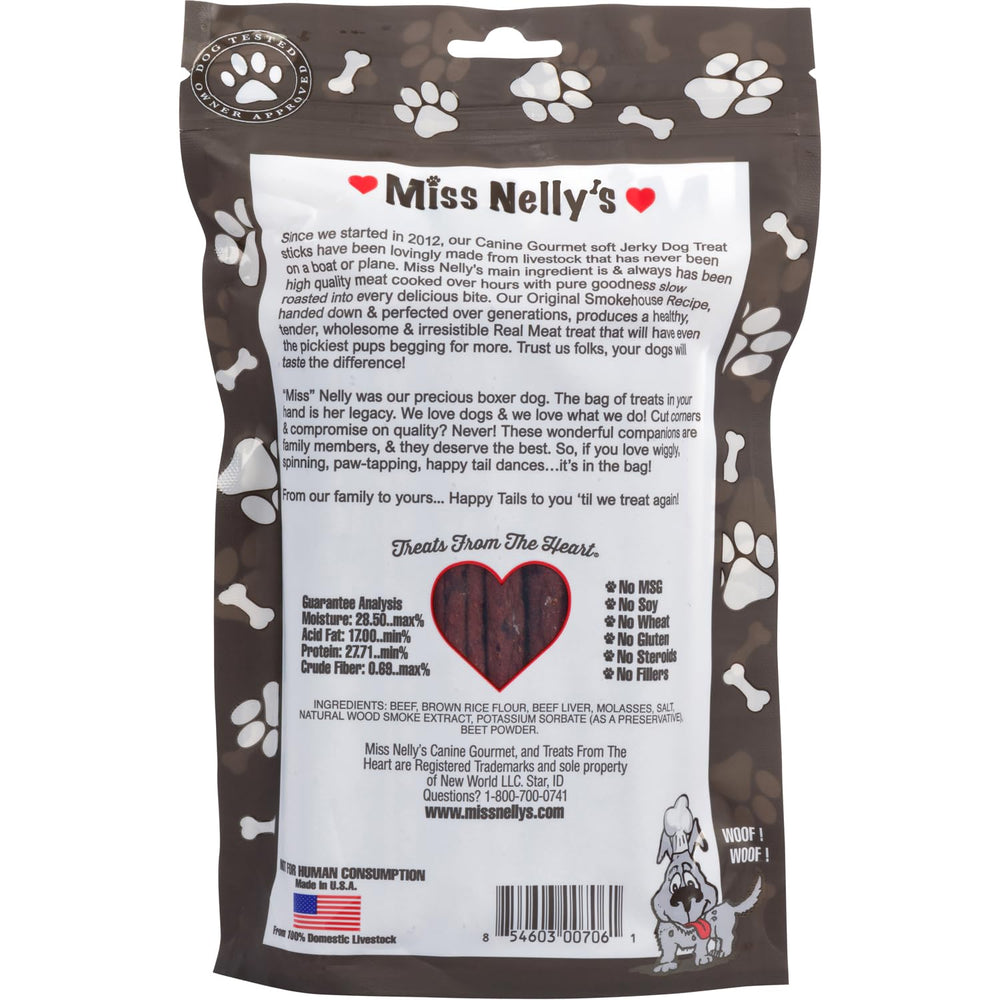 Miss Nelly's beef jerky dog treats close-up texture showing tender, smoky bite for rewards.
