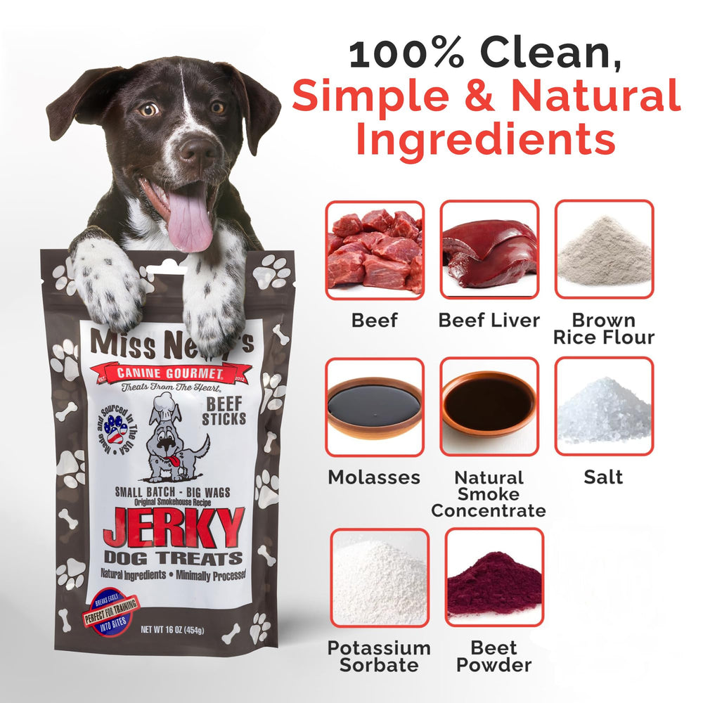 Miss Nelly's chicken jerky treat sticks close-up showing easy snap for training rewards.