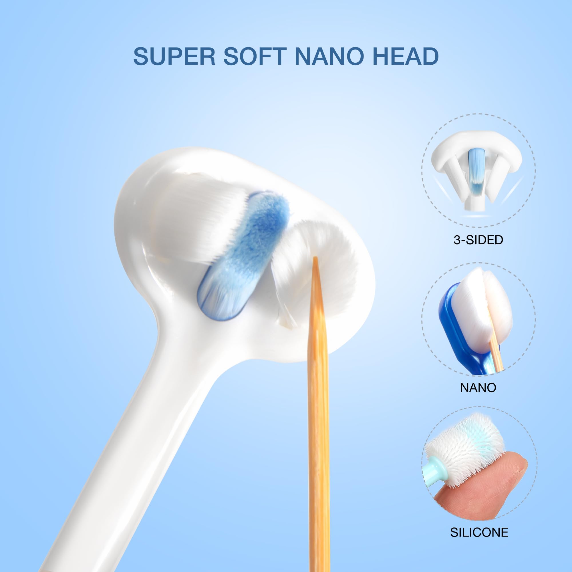 MISSELF three shapes close-up shows versatile brushes ideal for front, back, and side tooth cleaning.