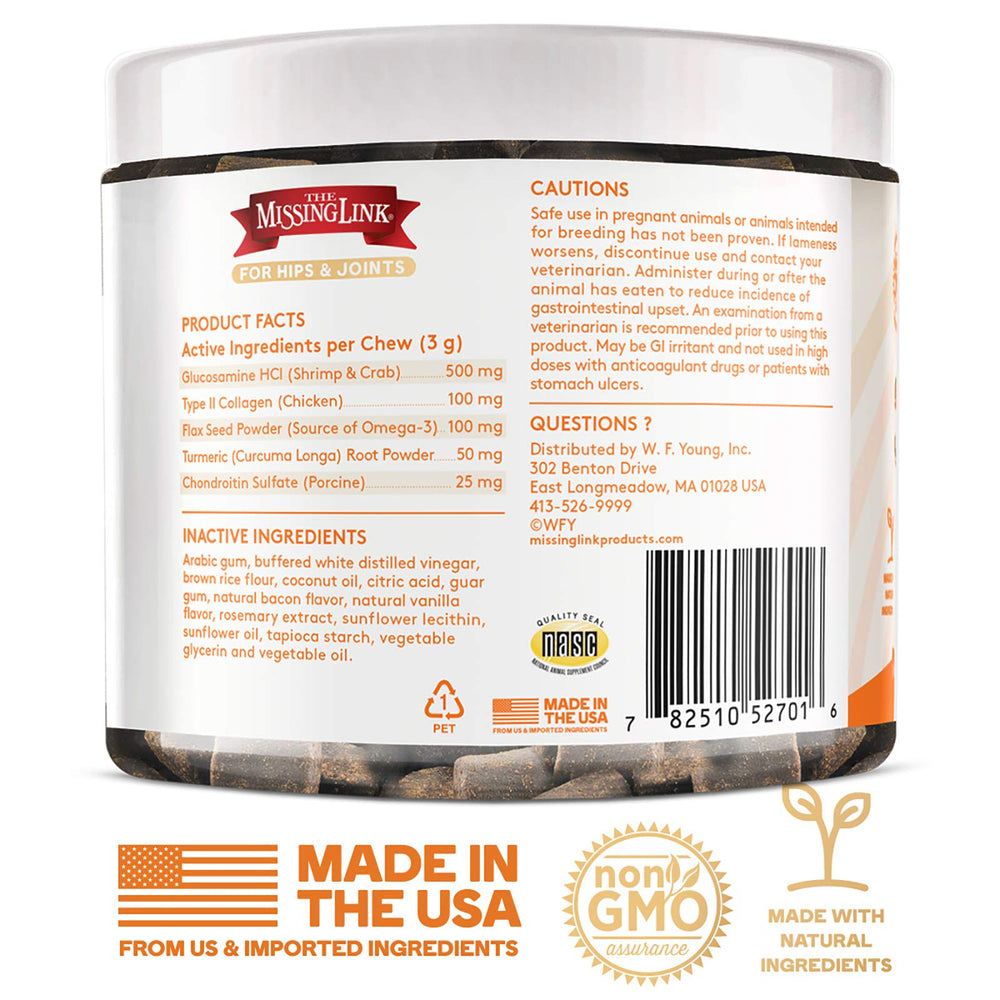 The Missing Link collagen care soft chews packaging 60ct emphasizes USA-made quality