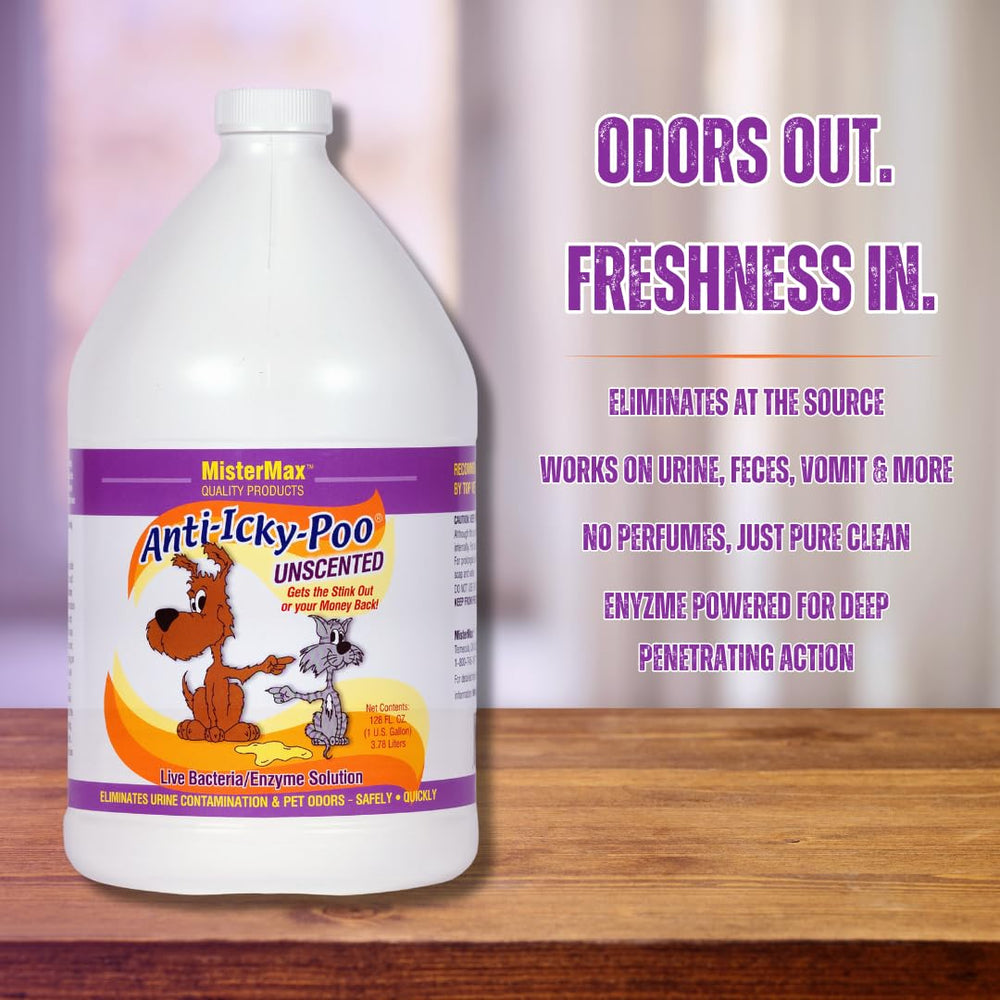 Mister Max Anti Icky Poo spray application shows quick treatment on carpets and fabrics.