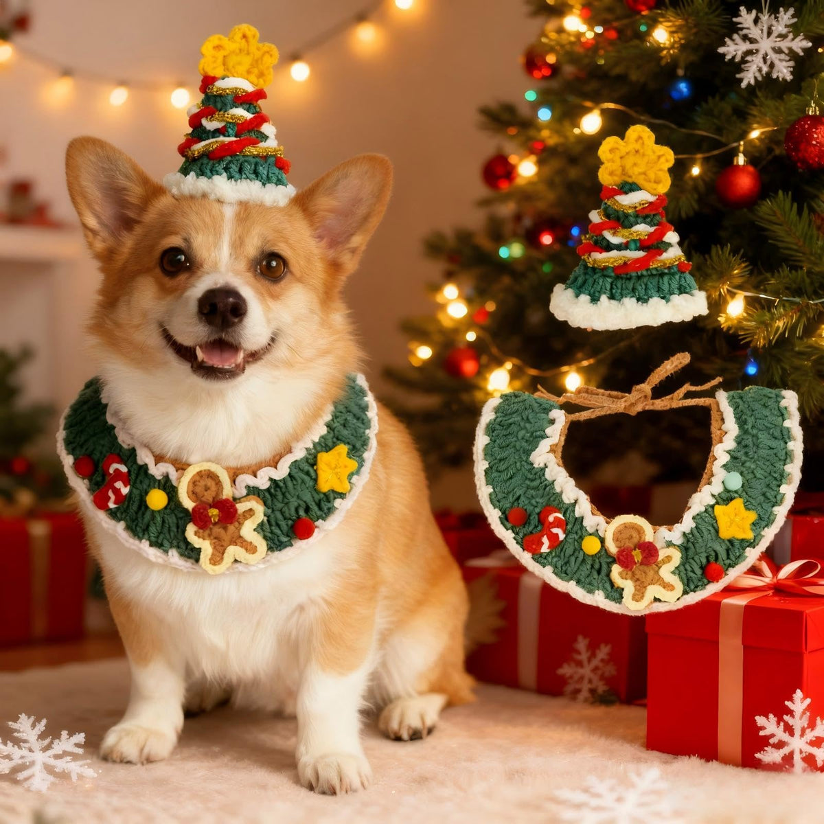 MITOCAPY Christmas tree hat on a dog for festive holiday photos.