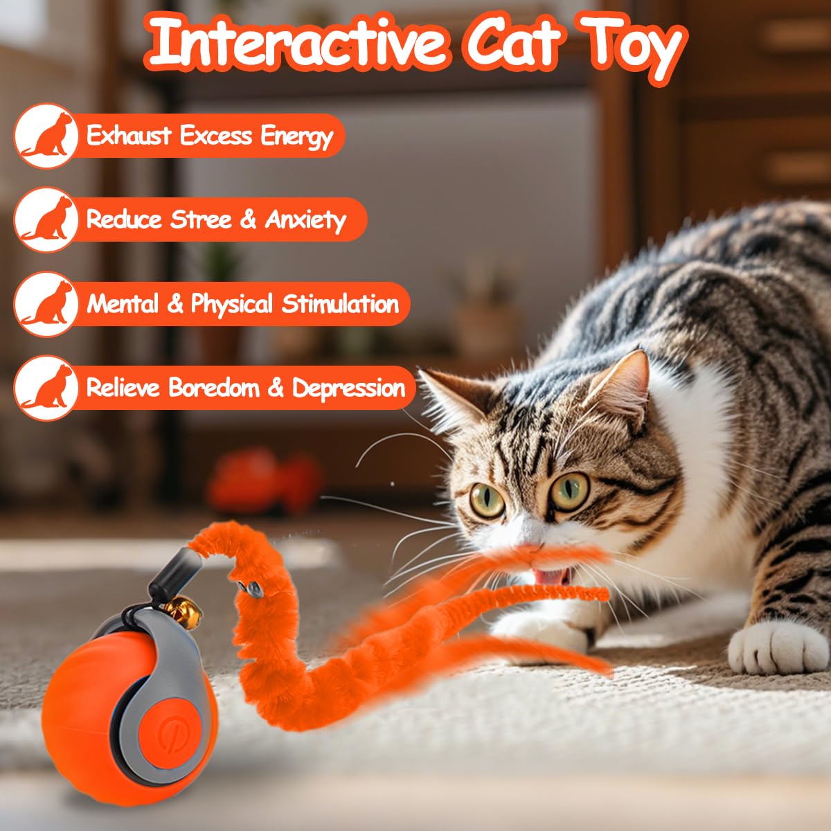 Mity Rain cat ball toy orange uses obstacle-avoidance sensor for engaging chases.