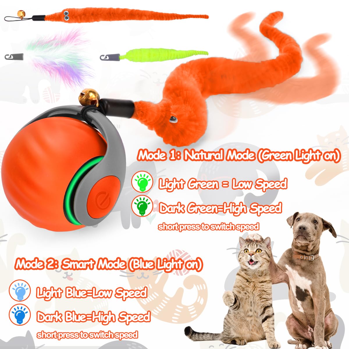 Mity Rain orange cat ball with smart mode indicator demonstrates extended play potential.
