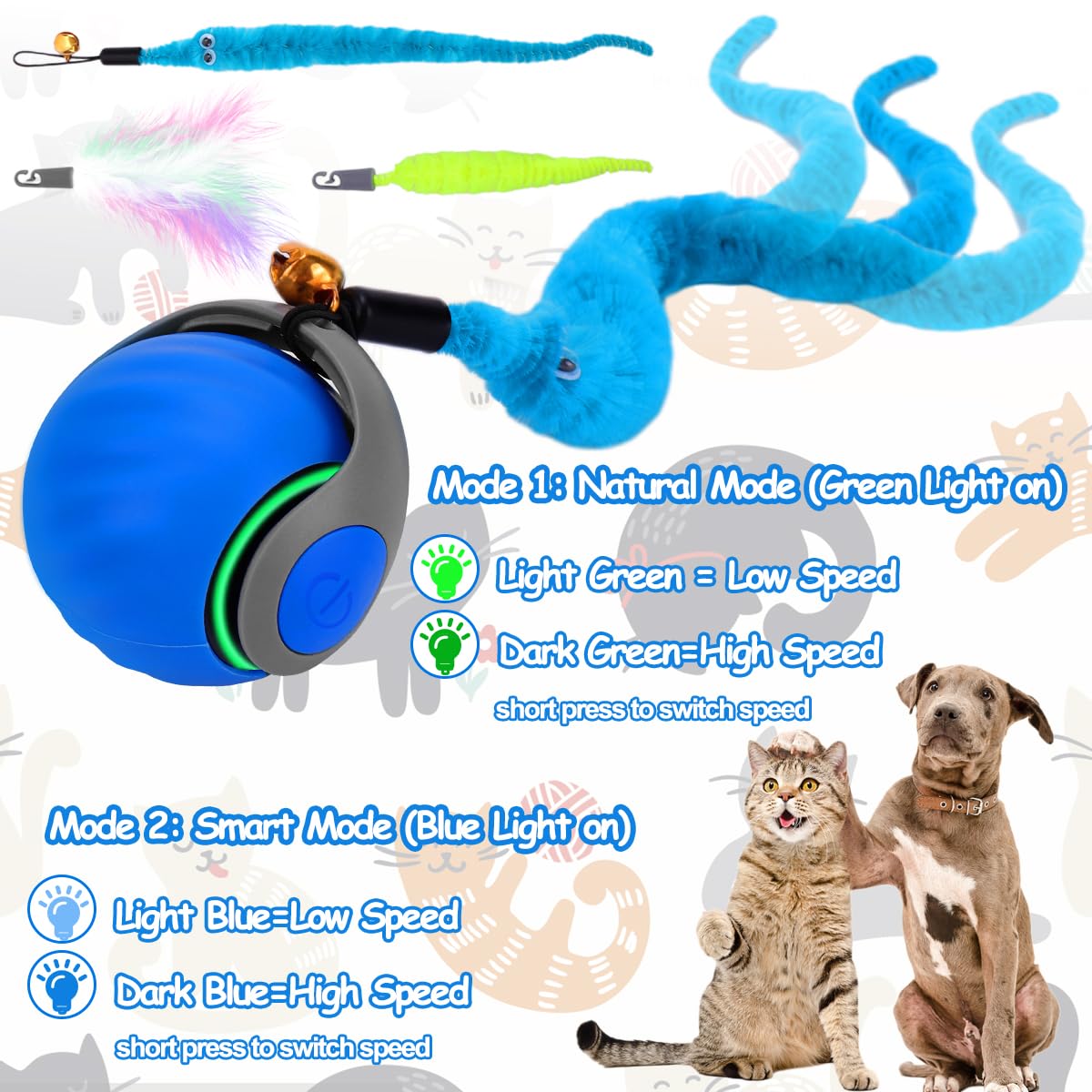 Mity Rain rechargeable cat toy ball powers extended fun with quick 1.5 hour charge.