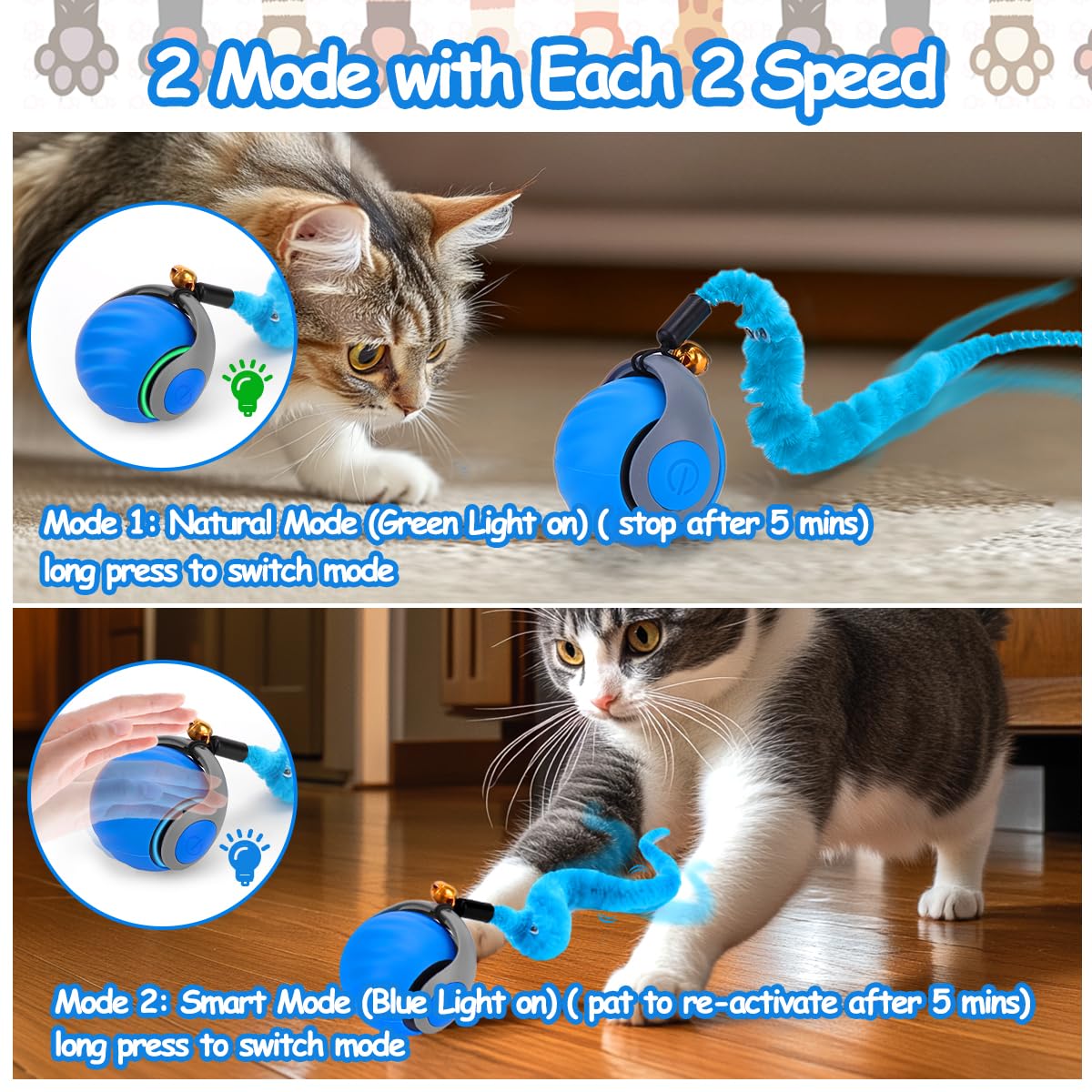 Mity Rain cat toy ball in smart mode activates longer play sessions.