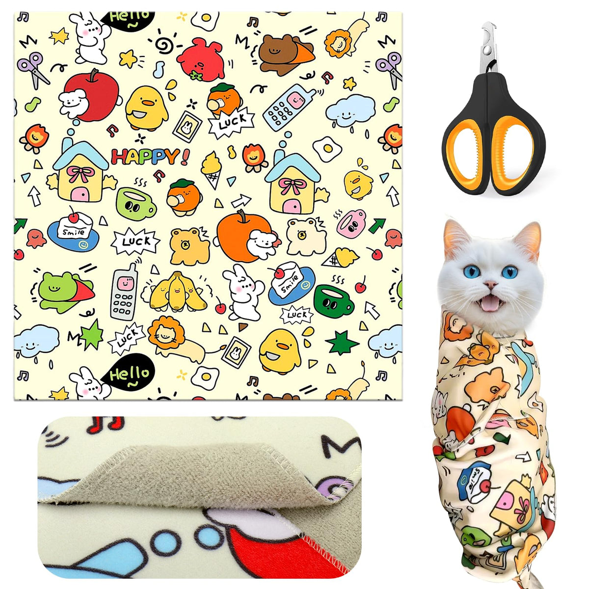 Mity Rain cat wrap and nail clipper in action for safe grooming.