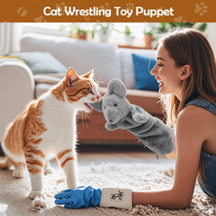 Mity rain cat wrestling toy puppet indoors session shows physical activity and mental stimulation for cats.
