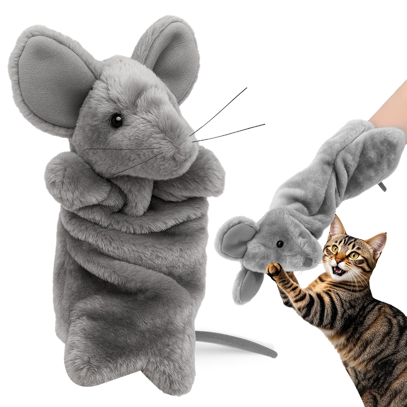 Mity rain cat wrestling toy puppet glove closeup shows soft plush fabric for gentle play.