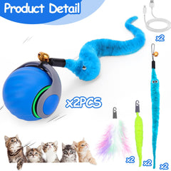 Mity Rain blue feather-tailed cat toy ball rolling to spark indoor play and activity.