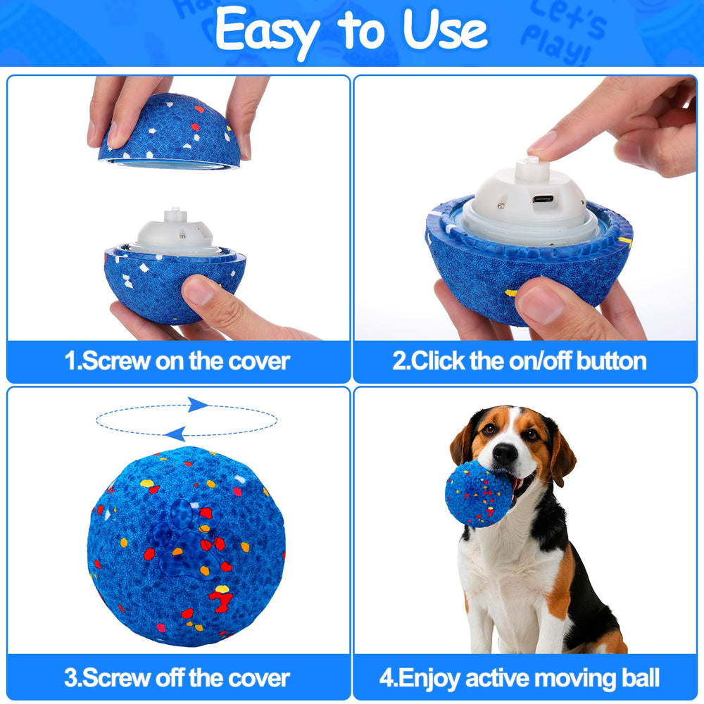 Mity Rain interactive dog toy blue ball with color flash attracting dogs.