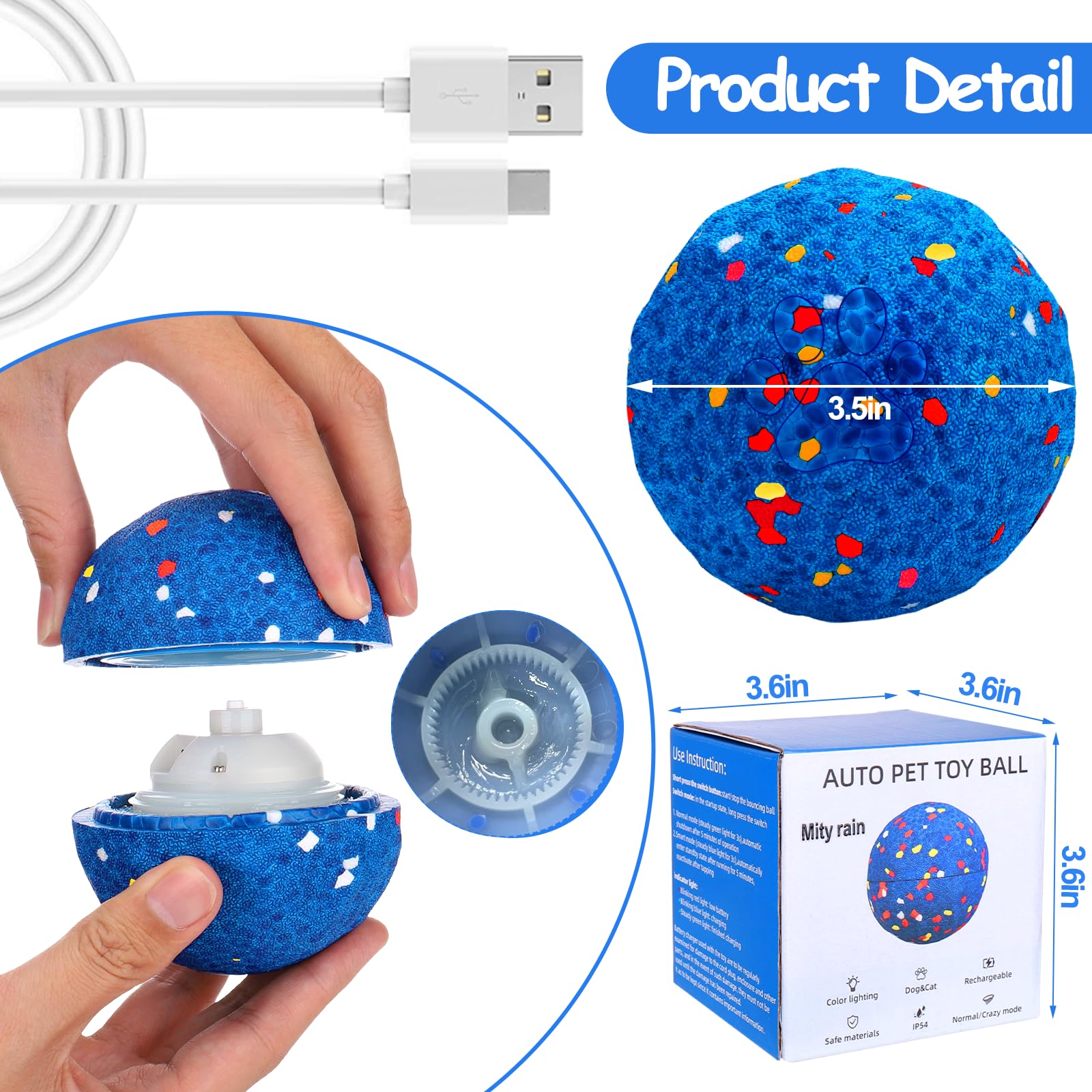 Mity Rain interactive dog toy blue ball natural mode for spontaneous play.